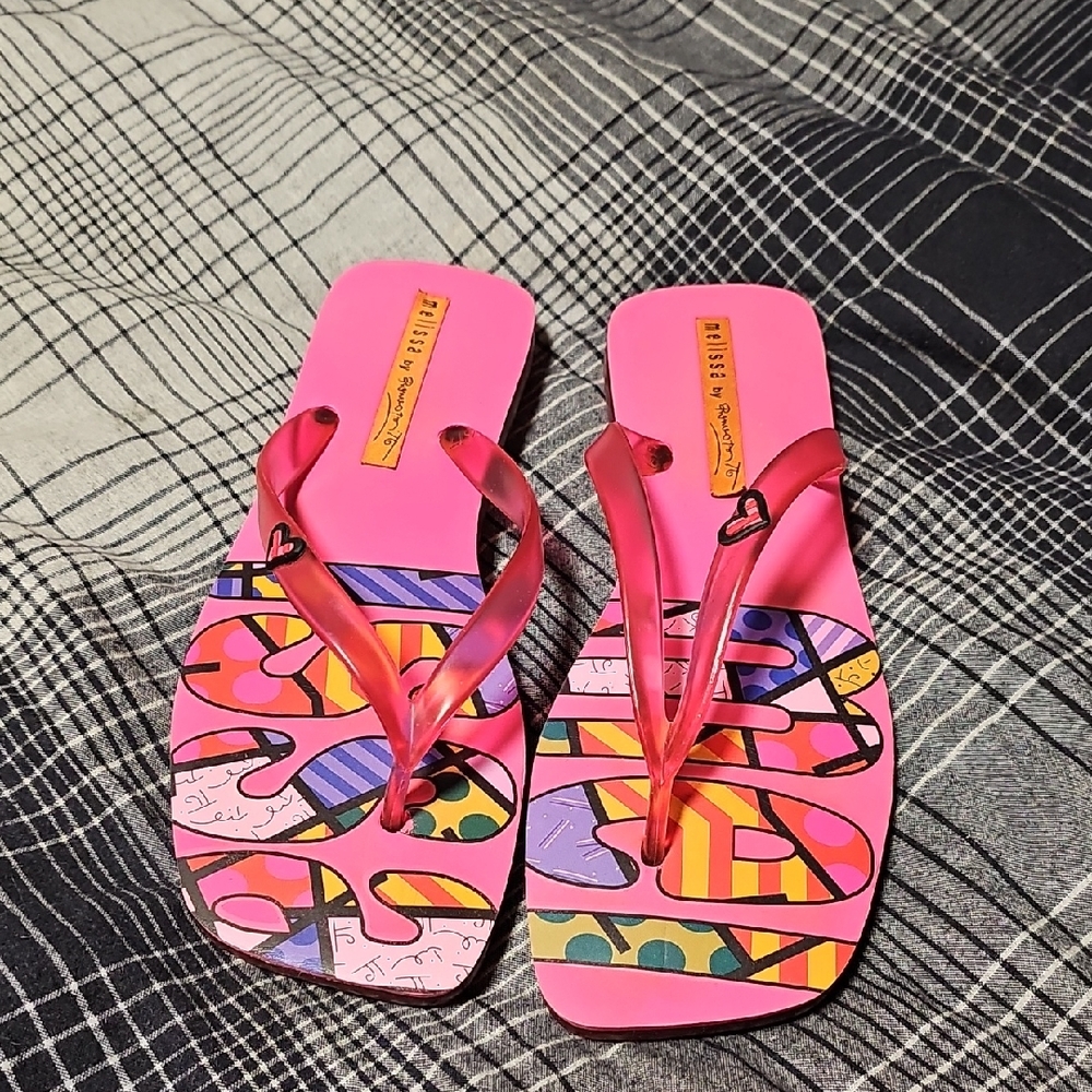 Romeo Britto Design Stylish Pink Flip Flops by Melissa